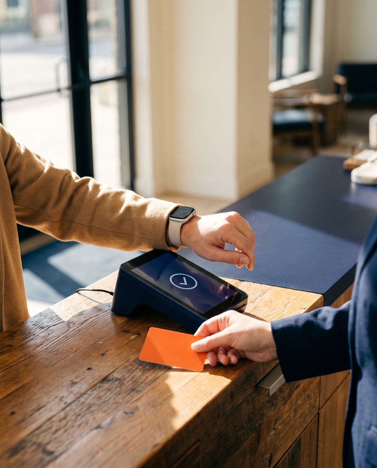 A hotel guest taps a smartwatch on the front desk card terminal as the receptionist sets down a key card.