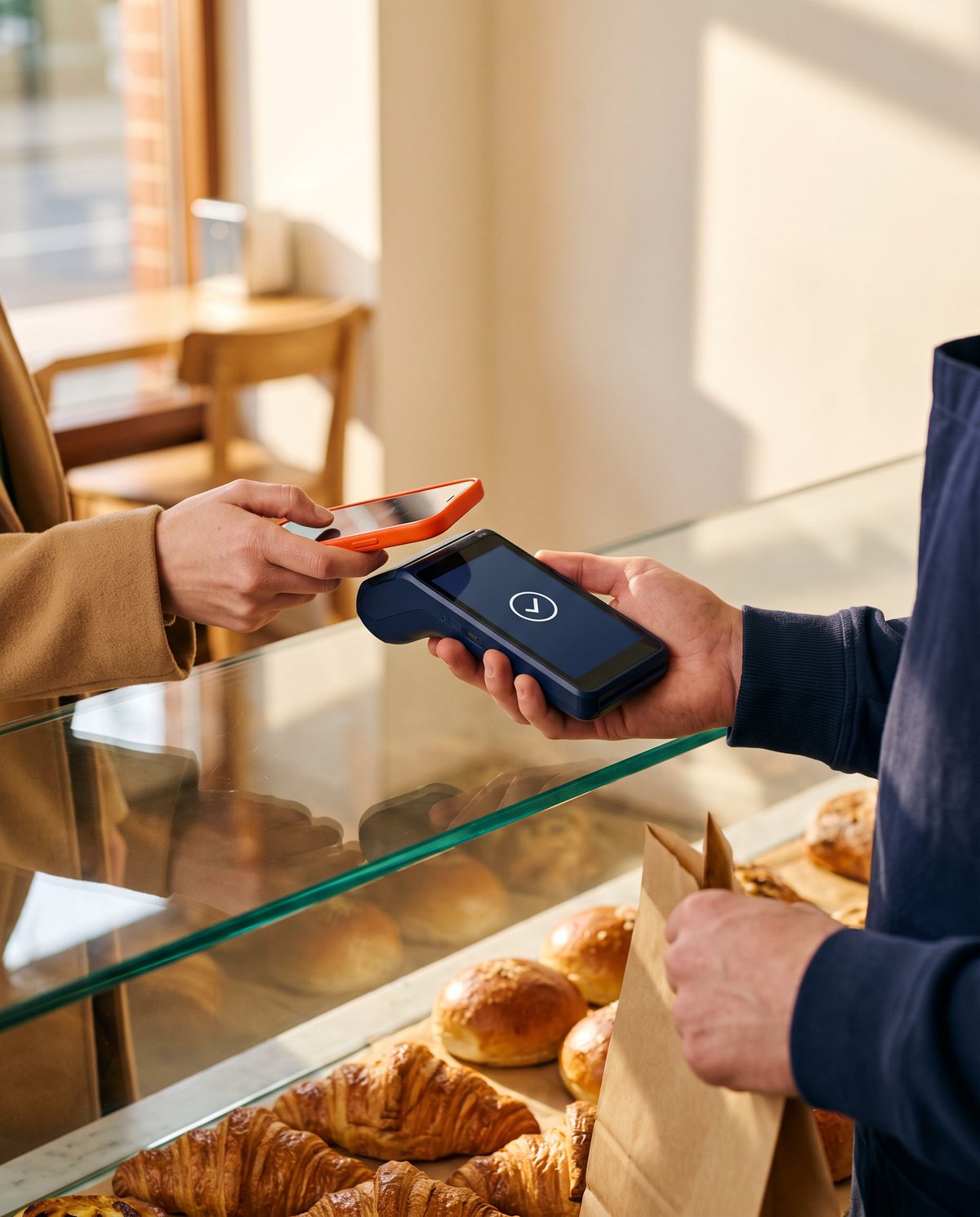 Over a bakery display case, a customer taps a phone on the card terminal the baker holds out, a paper bag in his other hand.
