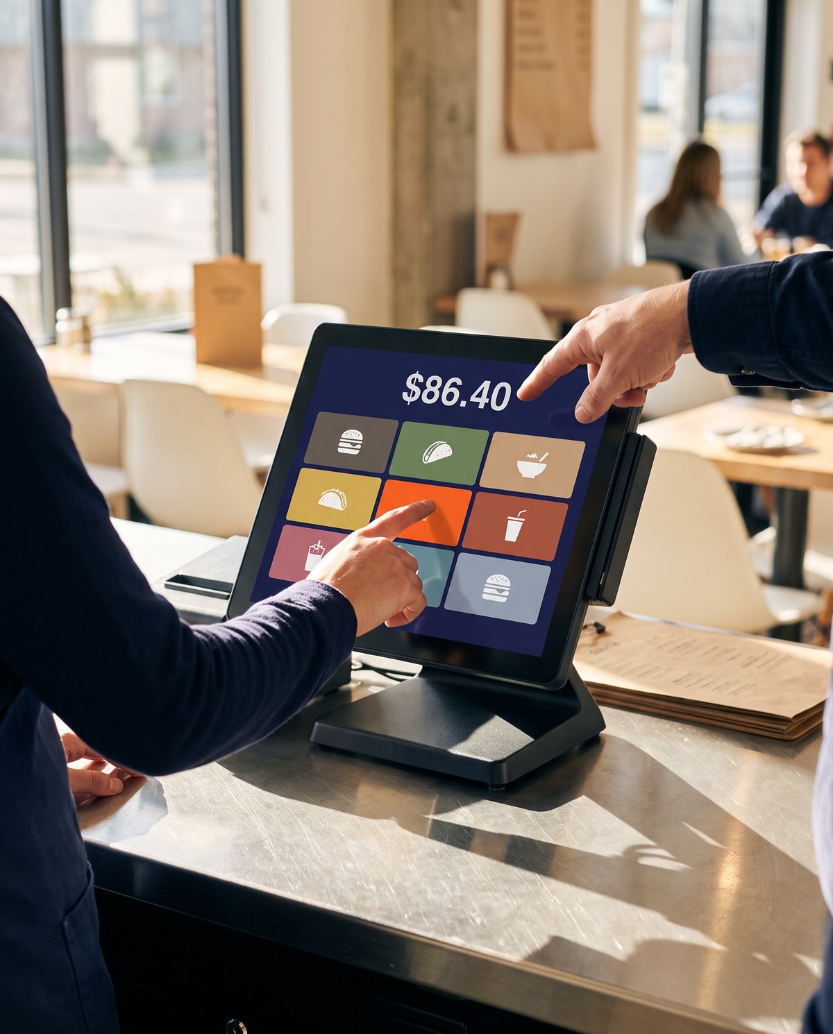 A restaurant server rings up an order on a touchscreen POS system while a manager points to the total on the screen.