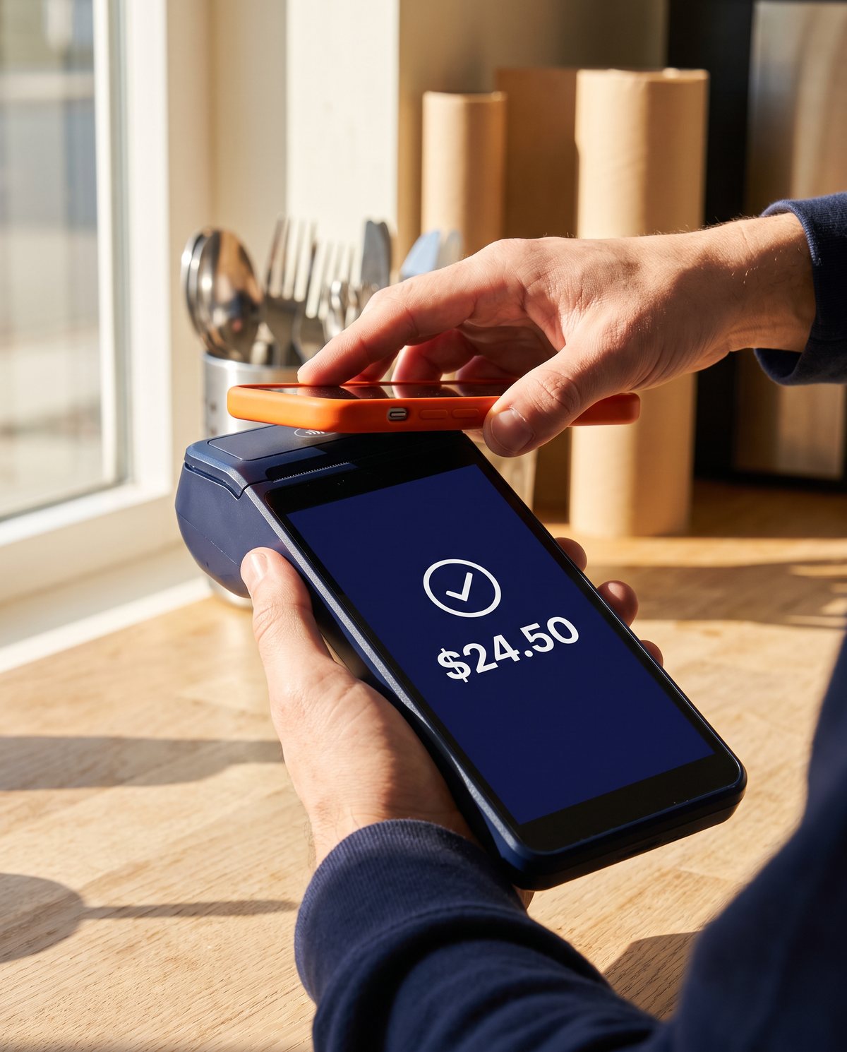A customer taps a phone on a handheld card terminal that shows an approved payment of $24.50.